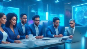 A cinematic editorial image of a diverse group of Hispanic startup founders collaborating intensely around futuristic AI holograms and digital interfaces in a modern tech workspace, symbolizing innovation and the generative AI revolution shaping Latin American and Spanish technology ecosystems in 2026.