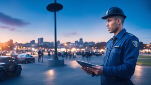 A professional security guard using a smart tablet to monitor AI-powered surveillance cameras in a modern urban environment at dusk, with subtle digital overlays hinting at advanced technology integration and a vigilant, proactive stance.