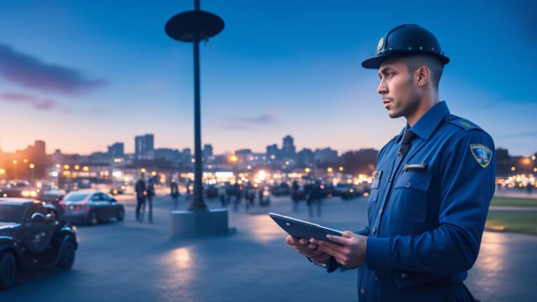 A professional security guard using a smart tablet to monitor AI-powered surveillance cameras in a modern urban environment at dusk, with subtle digital overlays hinting at advanced technology integration and a vigilant, proactive stance.