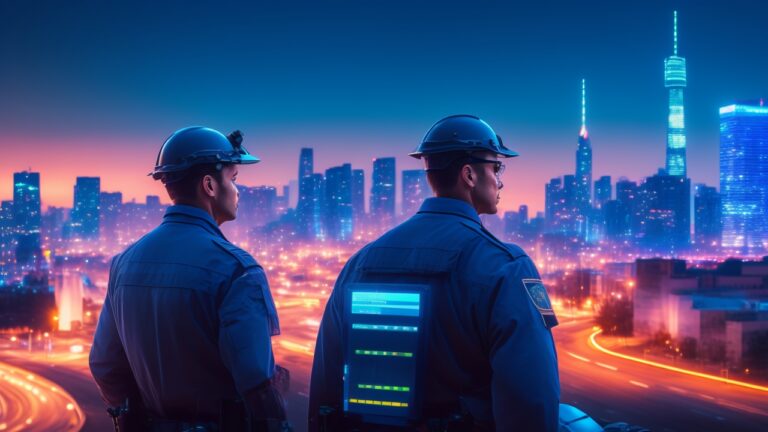A vigilant, uniformed security guard using advanced AI-powered surveillance technology in a modern urban setting at dusk, with glowing city lights and smart building systems subtly visible in the background, conveying cutting-edge security innovation and professionalism.